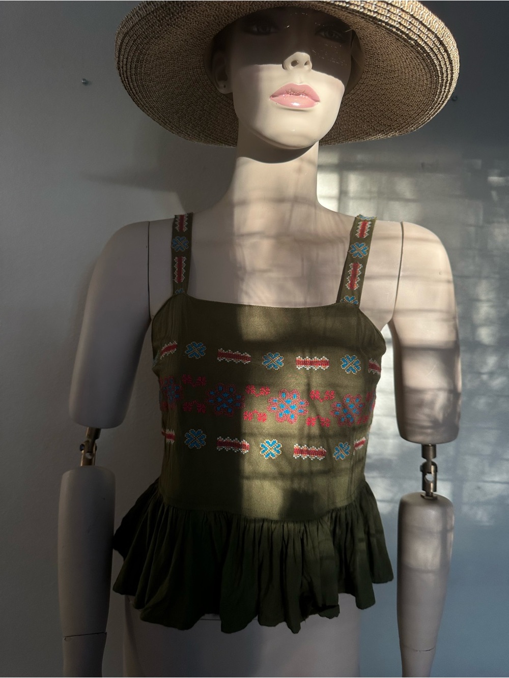 Japna Olive Green Embroidered Peplum Tank Top Large